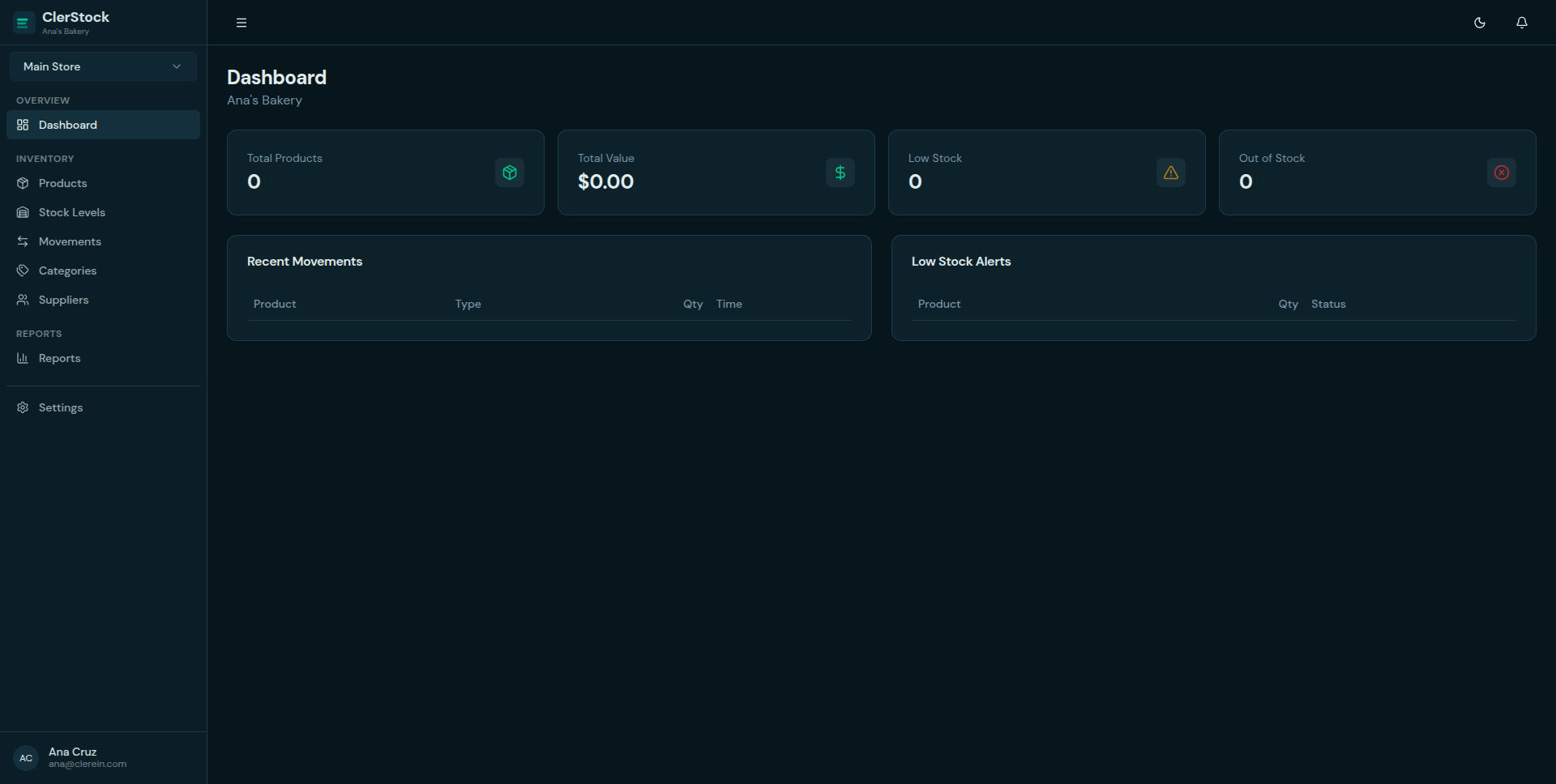 ClerStock Dark Mode — Dashboard in dark theme