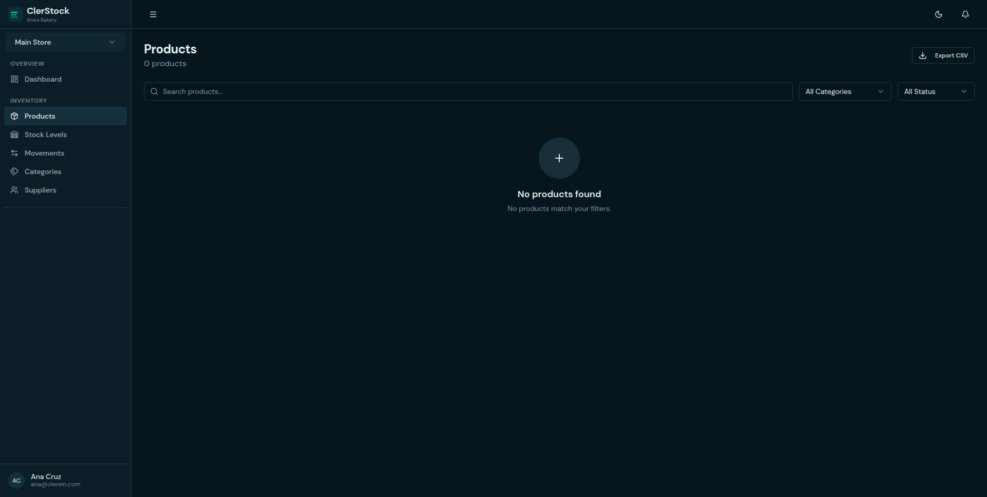 ClerStock Product Management — Dark mode product catalog with search and filters