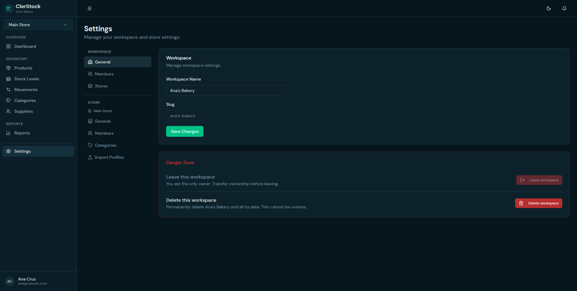 ClerStock Workspace Settings — Store management and team configuration